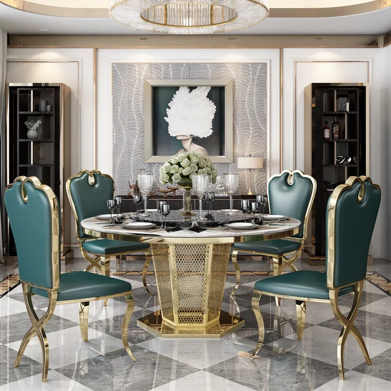 

Luxury parquet marble dining table post-modern round table