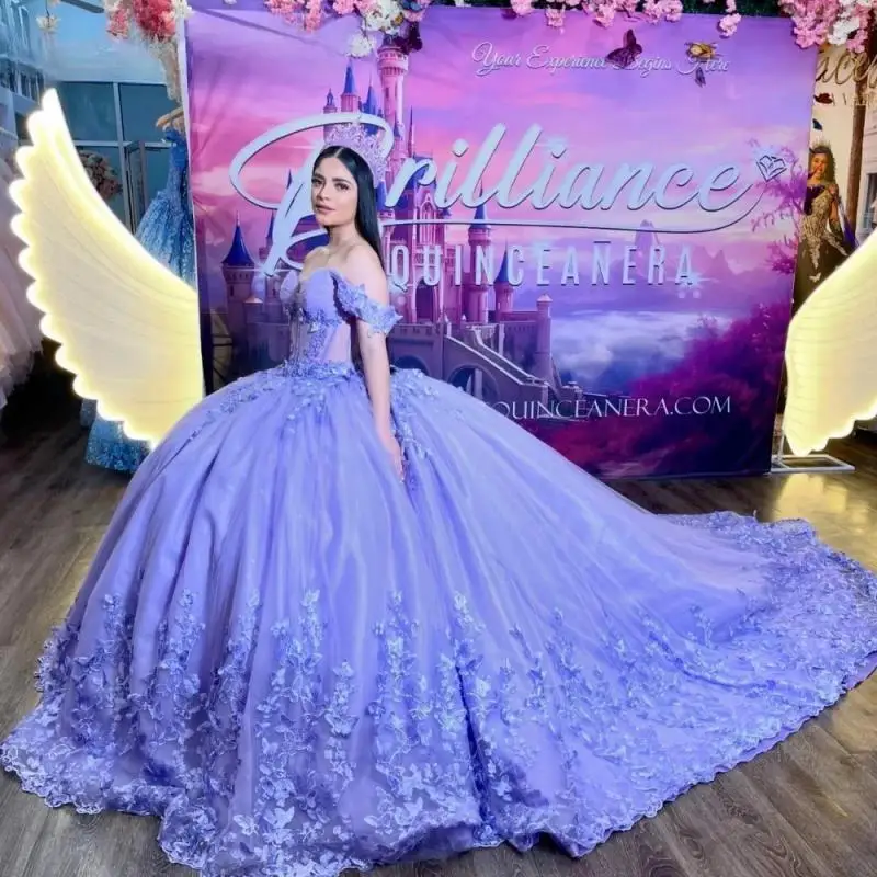 

Mexican Purple Quinnceanera Dress Ball Gown 3D Lace Applique Beading With Cape Corset Sweet 16 Vestidos De 15 Anos