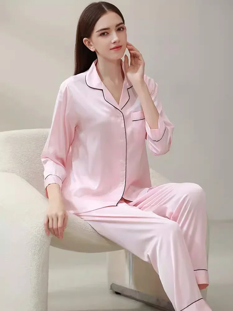 

100% Mulberry Silk Pink Women's Pajamas Sets Spring Summer Solid Color Female Pjs Homewear Nature Silk Home Clothes Nightwear