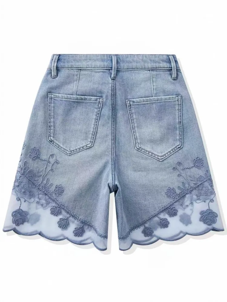 New Designer Women Summer Gauze Spliced Floral Embroidery Shorts Fashion Elegant Ladies Casual Denim Shorts Pearls Beading Jeans
