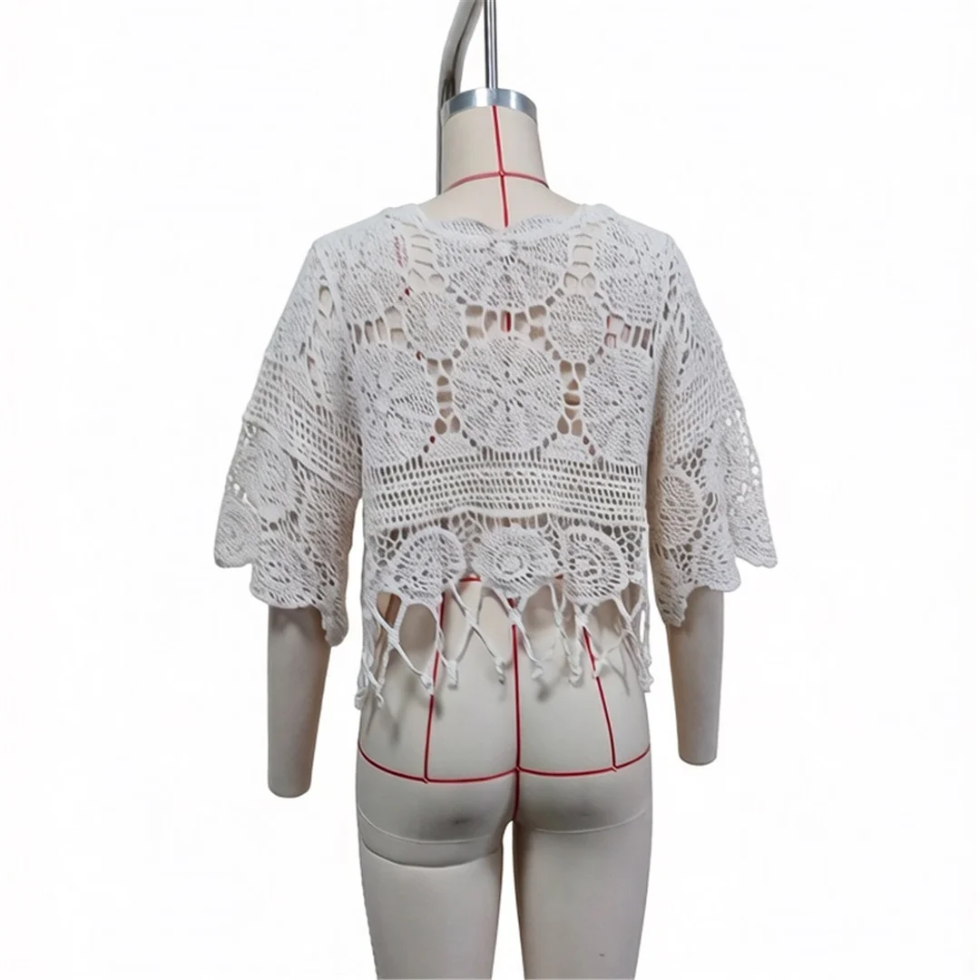 Halbarm-Tunika mit Ausschnitten, einfarbig, gehäkelt, gestrickt, Strand-Überwurf, Strandkleid, Strandmode, Damen V8401 – Detail 13