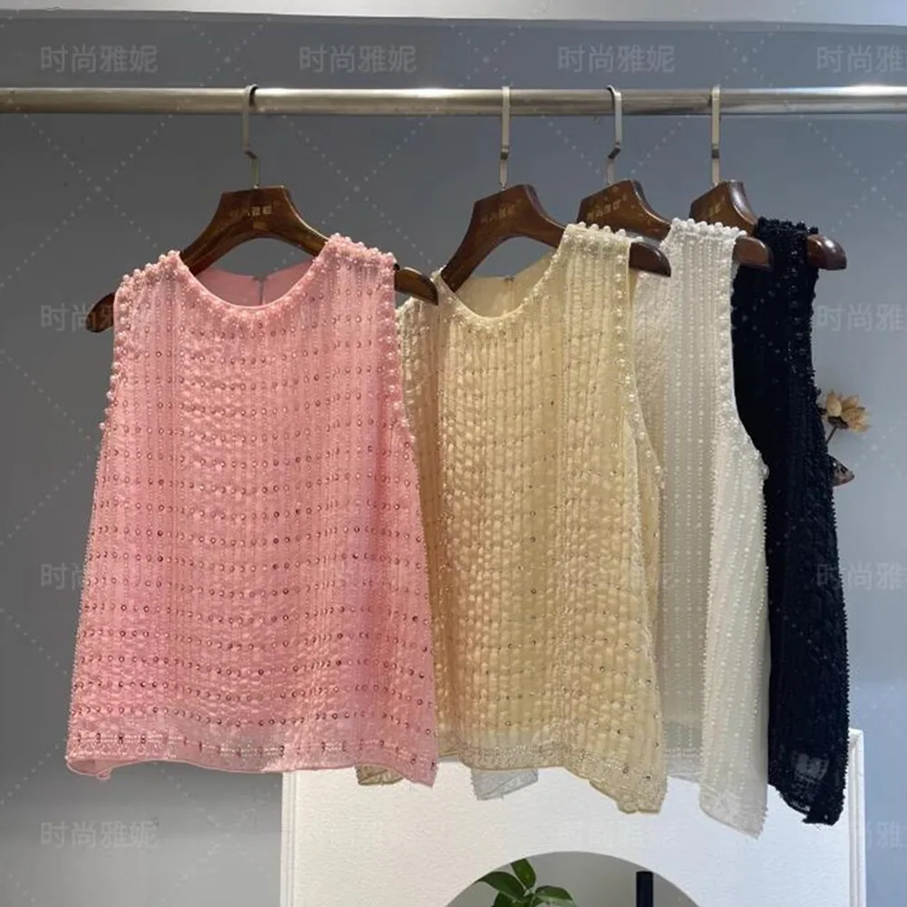Perlen Pailletten Ärmellose Weste T-Shirt Frauen Neue Mode Elegante Top Stringed Perle Chiffon Tank Crop T