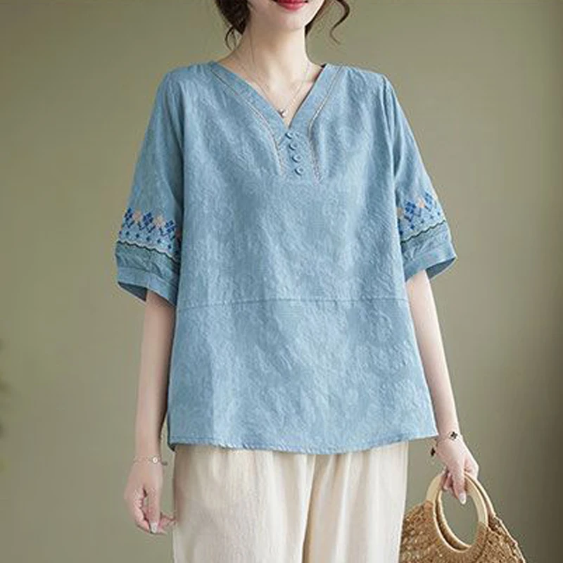 New Women Vintage Embroidery Ethnic Style Blouses Elegant V Neck Short Sleeve Shirts Casual Loose Cotton Linen Tops Summer Blusa