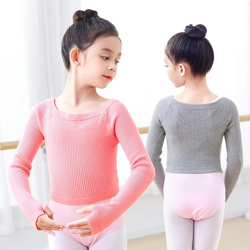 Girls Dance Sweater Soft Long Sleeve Knitwear Teen Children Elastic Ballet Flat Shoulder Sweater Autumn Winter Pullovers