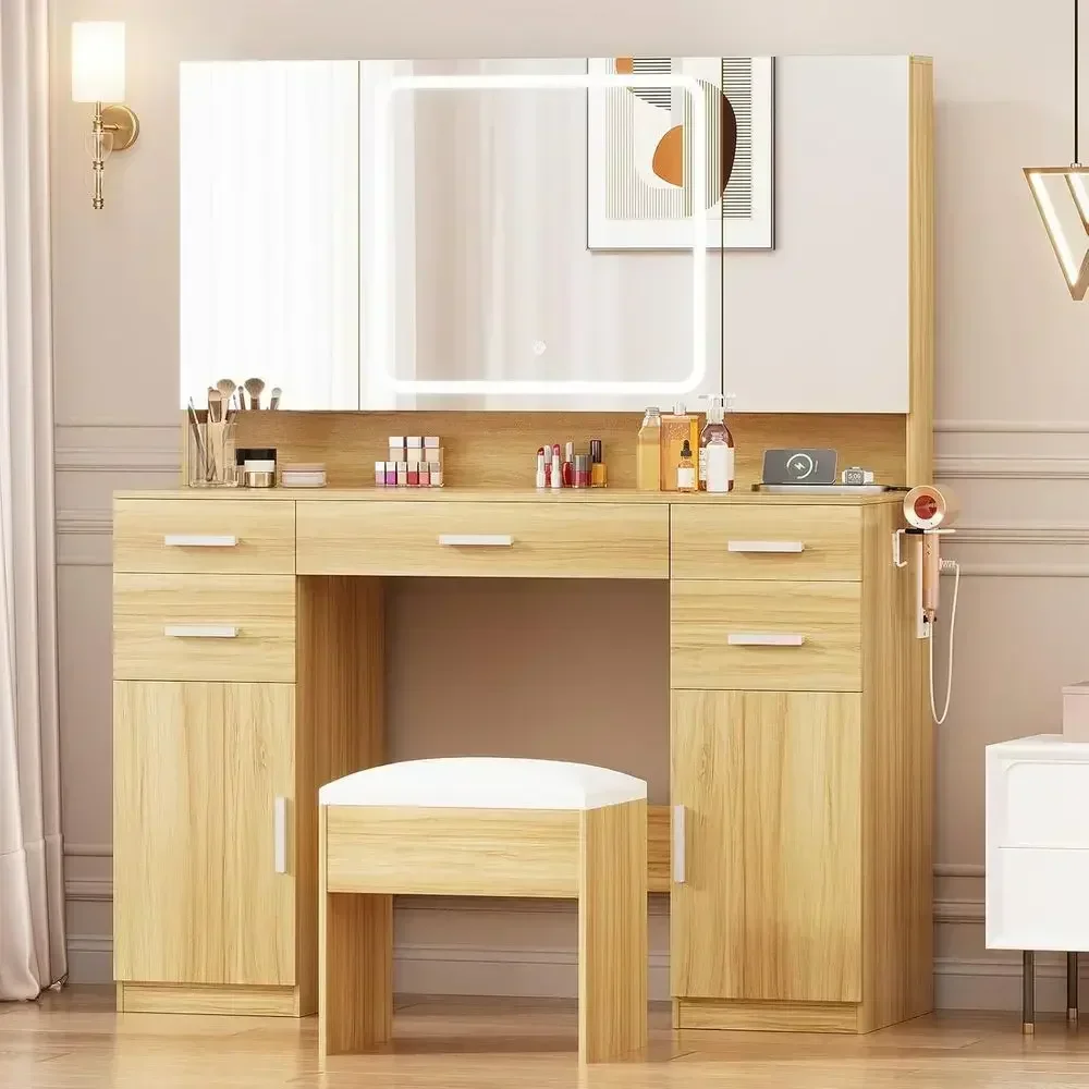 9 Drawers Oak Makeup Vanity Desk with Adjustable LED Lighted Mirror and Power Outlet for Bedroom or Dressing Room