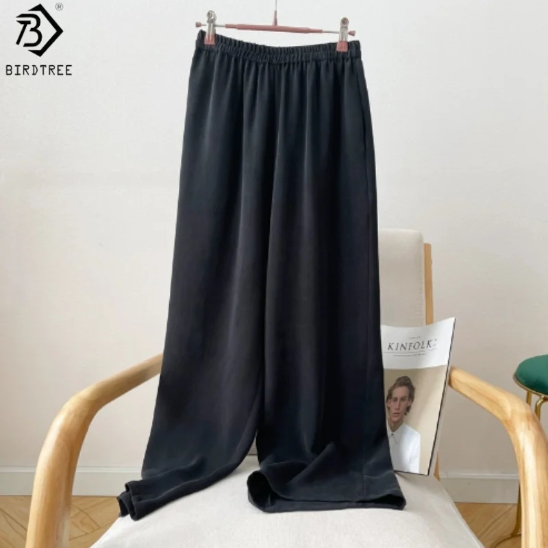 

Birdtree 32MM 100% Mulberry Silk Black Color Pants,Women Double Crepe Elastic Waist Pocket Straight Pants, 2025 New P57108JF