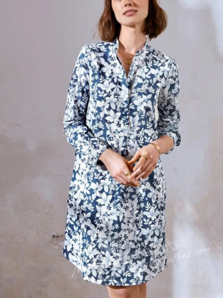 

French Cotton Blue Bottom Flower Long Sleeve Mini Dress for Women Single Breasted Long Sleeve Shirt Dresses