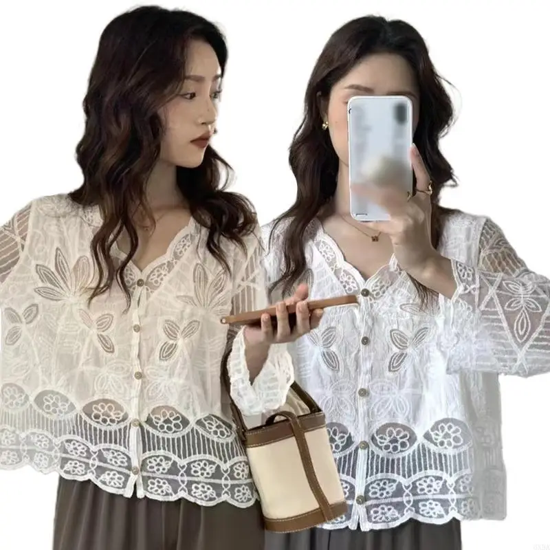 French Hollow Blouse Tops Women's White Long Sleeves for T Shirt Tops G 6XDA