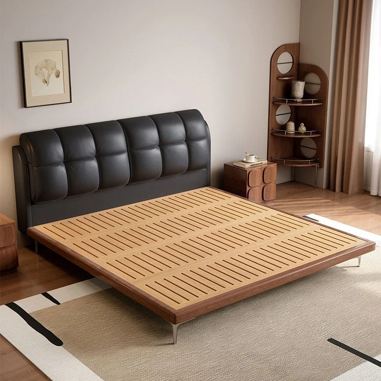 #Solid Wood Slat Platform Bed Frame, Bubble Tufted Leather Headboard, Walnut Low Profile Base, No Box Spring, Custom OEM