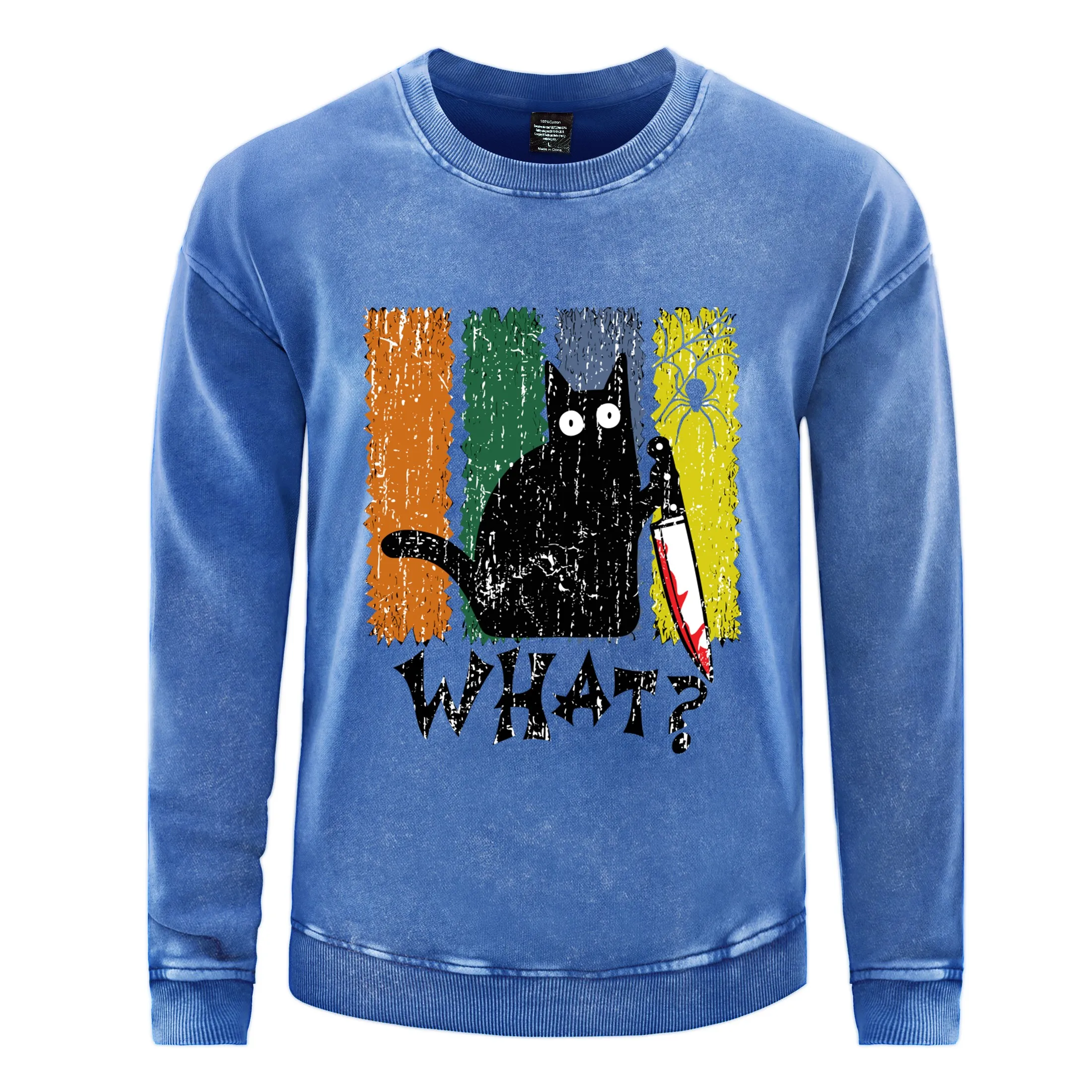 Cute Black Cat What With Knife Man Washed Sweatshirt Fashion Casual Pullover Hip Hop Loose Clothing Cotton Autumn Couple Top