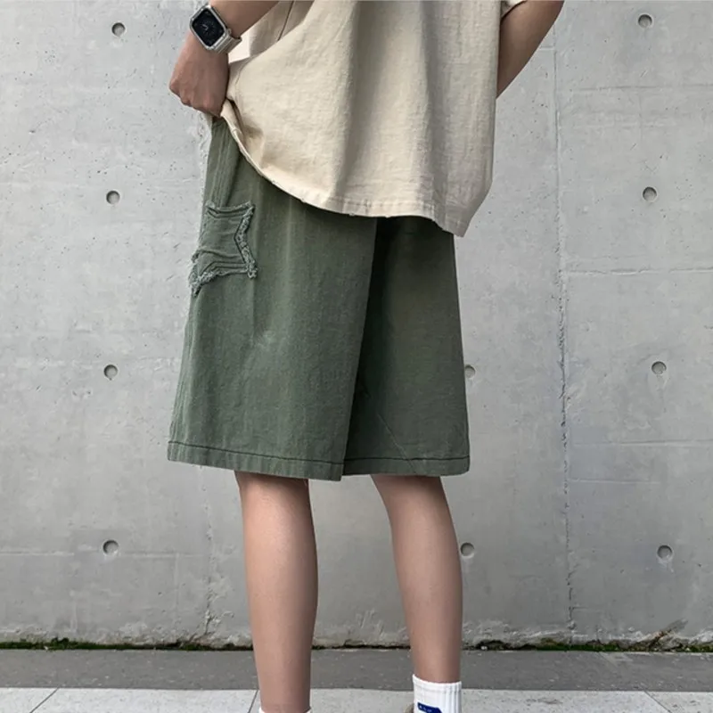 Vintage Star Patchworkกางเกงขาสั้นผู้ชายฤดูร้อนกลางแจ้งStreetwear Chic Denimสั้นกางเกงหลวมSweatpantsเอว