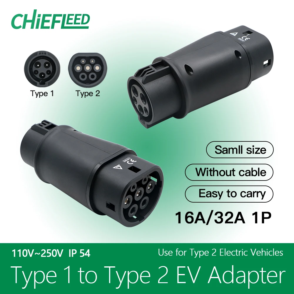 Chefled-macho para fêmea carregador, adaptador conversor, 7.2kw, tipo 1 para tipo 2, saj1772 para iec 62196-2, 16a, 32a