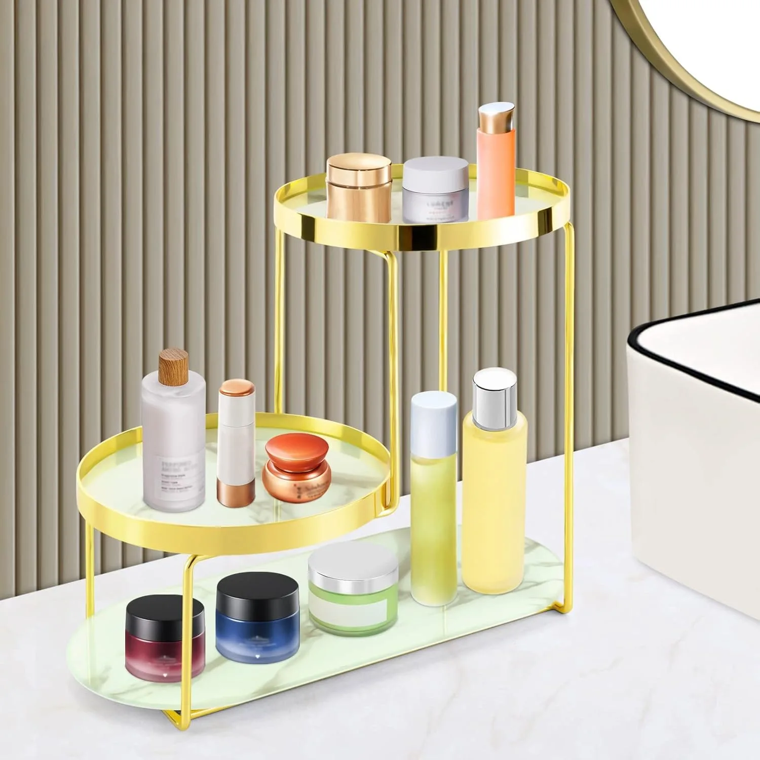 Bathroom Organizer Countertop Dresser Display Rack with Mirror Glass Trays 3-Tiers Gold Makeup Perfume Organizer