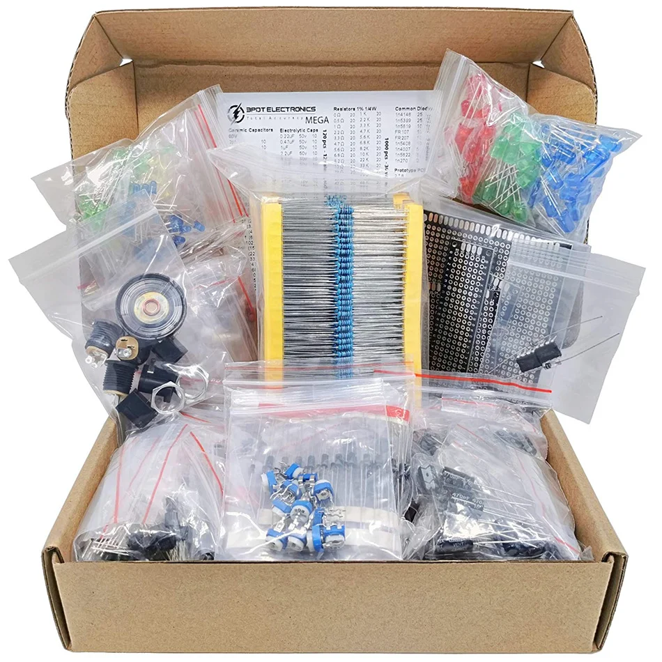 

Mega Electronic Component Kit Assortment, Capacitors, Resistors, LED, Transistors, Diodes, 1n270 Germanium, DC Jacks, opamp, PCB