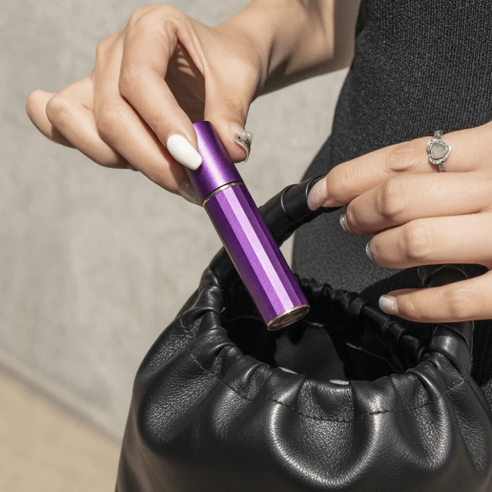 Szczelny, oddzielny pojemnik na kosmetyki w płynie z możliwością napełniania od dołu, metalowa pokrywa, przenośny dozownik w sprayu.