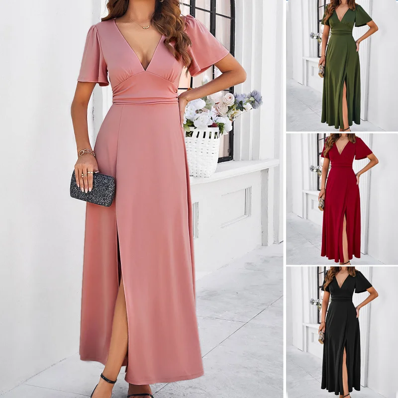 

Women'S Elegant And Slim Fit Solid Color V-Neck Slit Dress