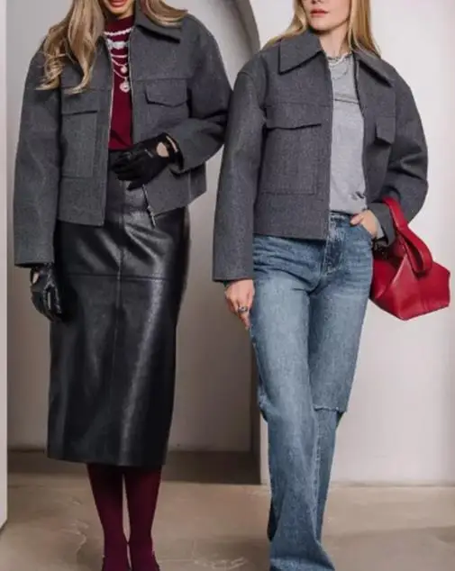 Autumn and Winter New Solid Color Fashion Collar Large Pocket Zipper Short Coat for Women, Slim Fit Commuting Style Short Coat