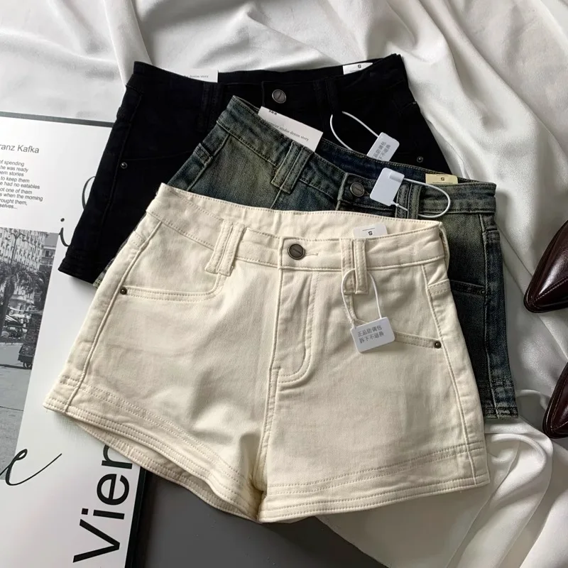 

American Sle High Waist Elastic White Denim ort Pants Women Summer New Slimming Versatile A-Line Wide Leg Hot Pants