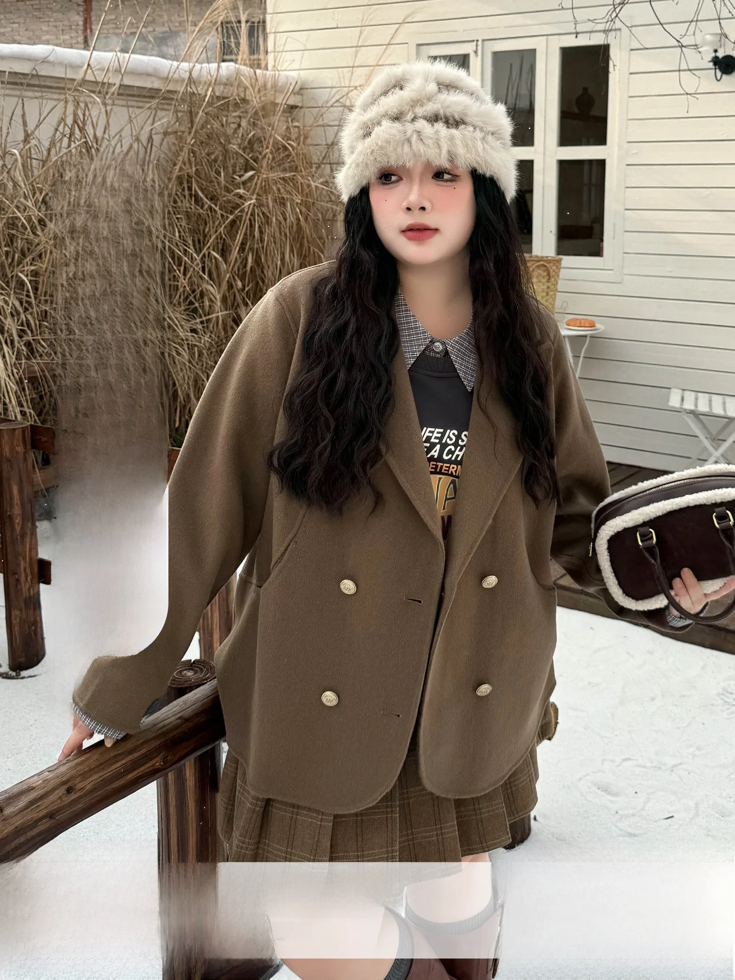 

Двустороннее шерстяное пальто большого размера для женщин больших размеров в Корейском стиле для поездок на работу, повседневное длинное свековое пальто средней длины, чистый цвет