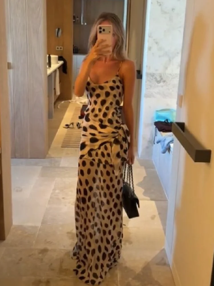 Sexy Maxikleid mit Polka-Dot-Print für Damen, modisches V-Ausschnitt-Kleid mit Spaghettiträgern, ärmellos, rückenfrei, Sommerkleid für den Urlaub