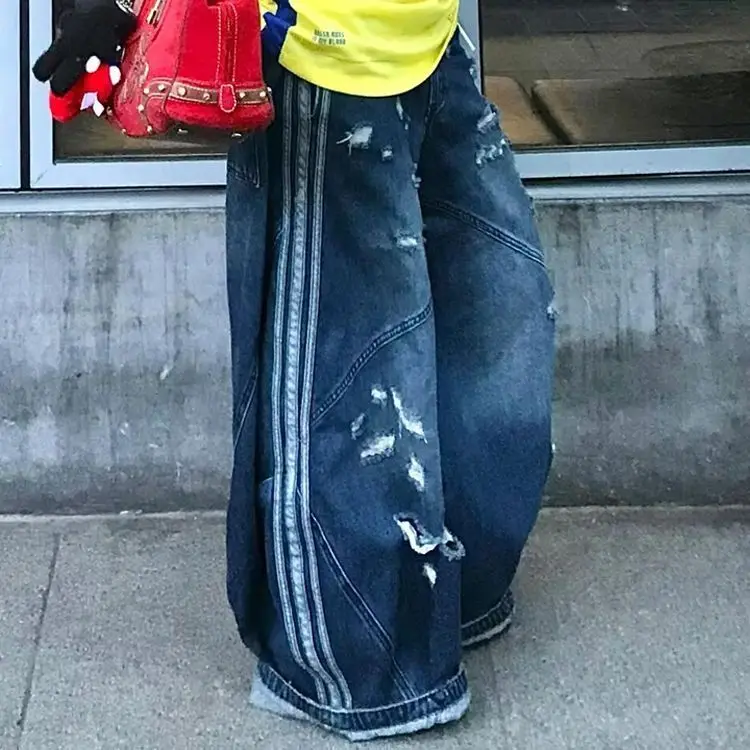 بنطلون جينز نسائي أزرق عتيق بخصر عالٍ هيب هوب مستقيم فضفاض من قماش الدنيم ملابس الشارع Y2K بنطلون واسع الساق أمريكي عتيق