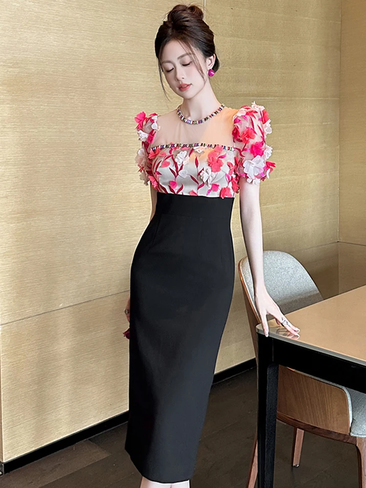 

Women Clothes Sweet Floral Sexy Puff Sleeve Slim Midi Pencil Dress Elegant Luxury Fashion Evening Party Vestidos Formal Occasion