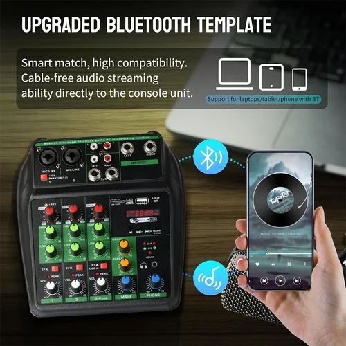 Imagen 2 del producto Mezclador de audio portátil de 4 canales, consola de sonido de grabación, tarjeta mezcladora con interfaz USB BT 48V para DJ, Karaoke, PC, micrófono MP3