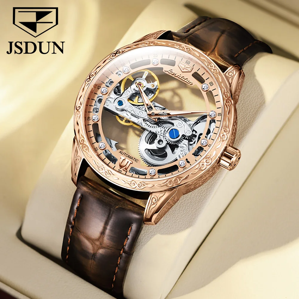 

JSDUN 8917 Mens Watch Skeleton Automatic Mechanical Watch 50M Waterproof Luminous Watches For Man Sports Watches Original Luxury