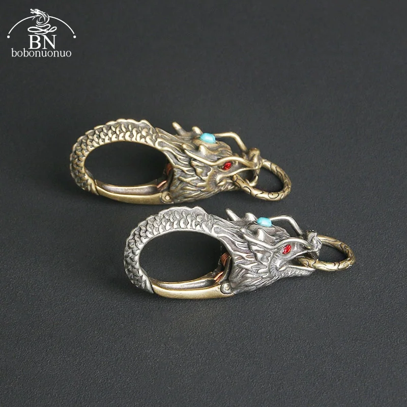 Copper Dragon Head Car Keychain with Ring Vintage High-end Dragon Brass Keyring Pendant Luxury Men Spring Key Chain Accessories