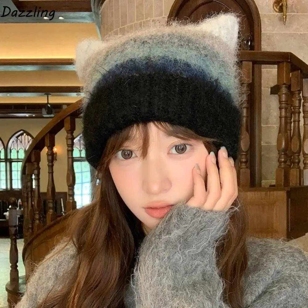 

Cute Colored Cat Ears Pullover Hat Rainbow Gradient Woolen Knitted Hat Japanese Style Ear Protection Women Beanie Hat Ladies