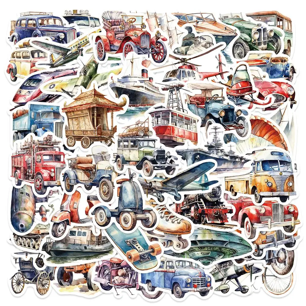 50Pcs Cartoon Watercolor Vehicle Stickers Kawaii Car Plane Ship Graffiti Sticker for Luggage Laptop Phone Kids Toy Gifts