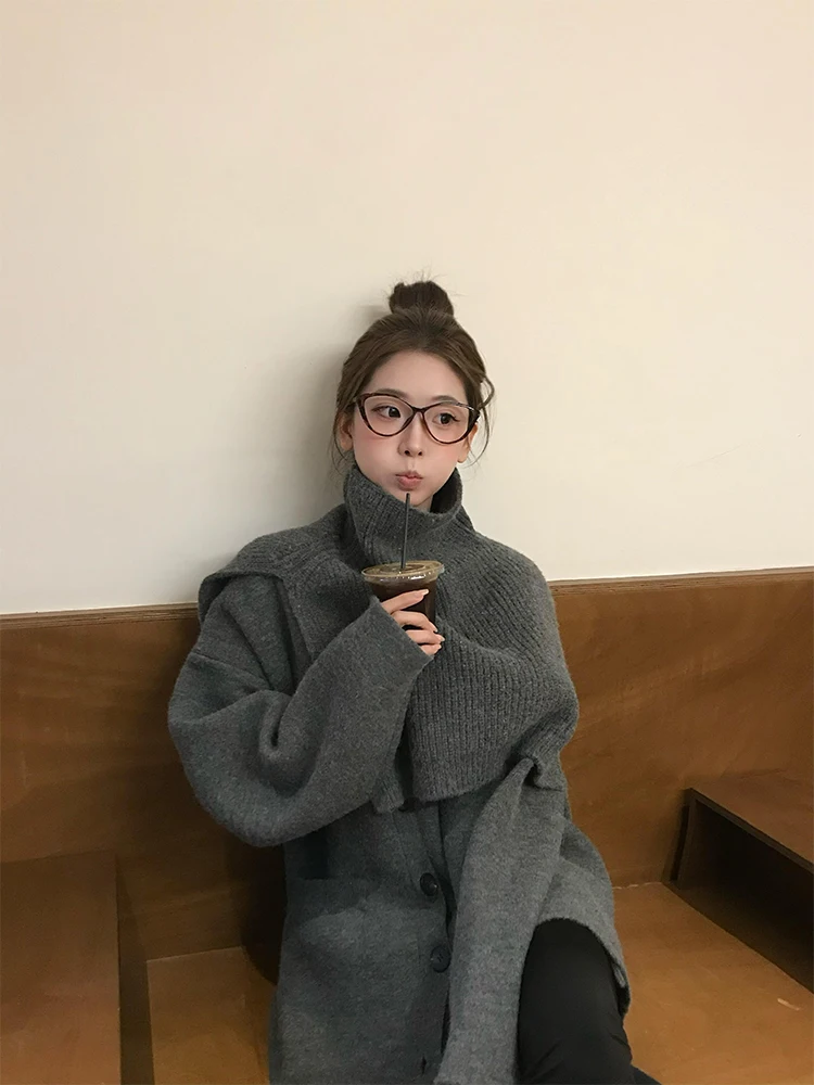 Gray Loose Slimming Sweater Jacket Women's Autumn Winter New Design Shoulder Wrap Top Bottoms Set Casual Versatile Style