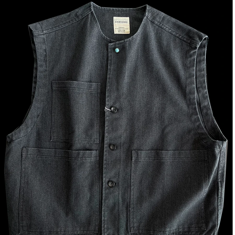 Japan Workwear Vest Luxury Casual Old Money Style Vintage Cotton Multi-Pocket Loose Fit Pearl Canvas Layered Sleeveless Jackets