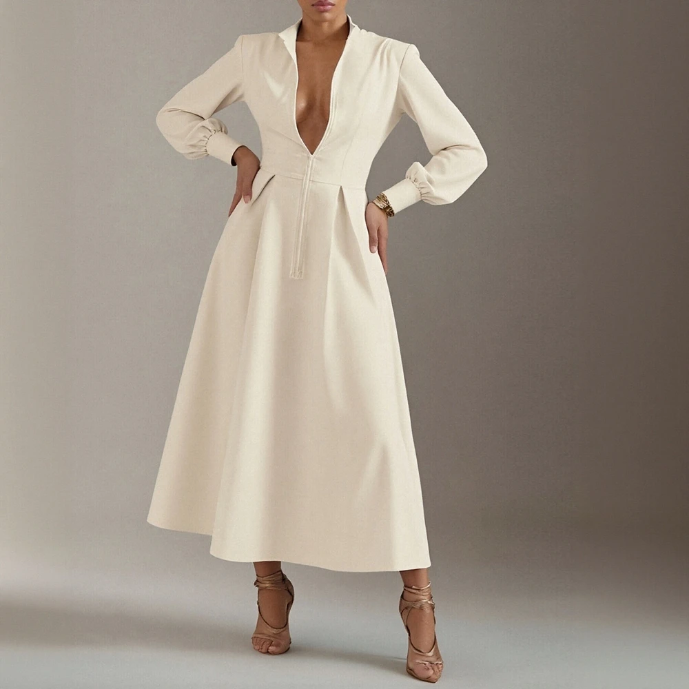 Midi-jurk met lange mouwen en V-hals voor dames Herfst Winter Effen A-lijn Basics Gesmoorde taille Jurk Fatsoenlijke mode