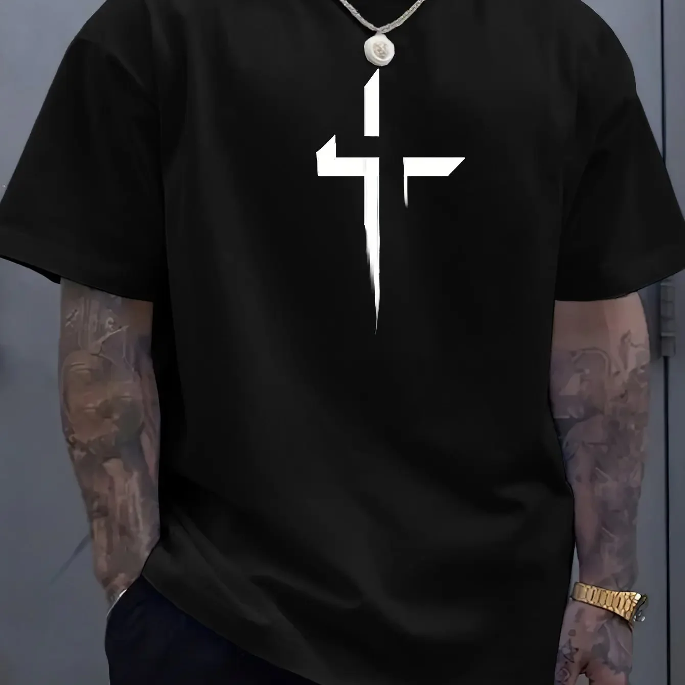 

Summer men's 100% pure cotton casual loose plus size Cross Creative printed sports comfortable round neck short sleeved T-shirt