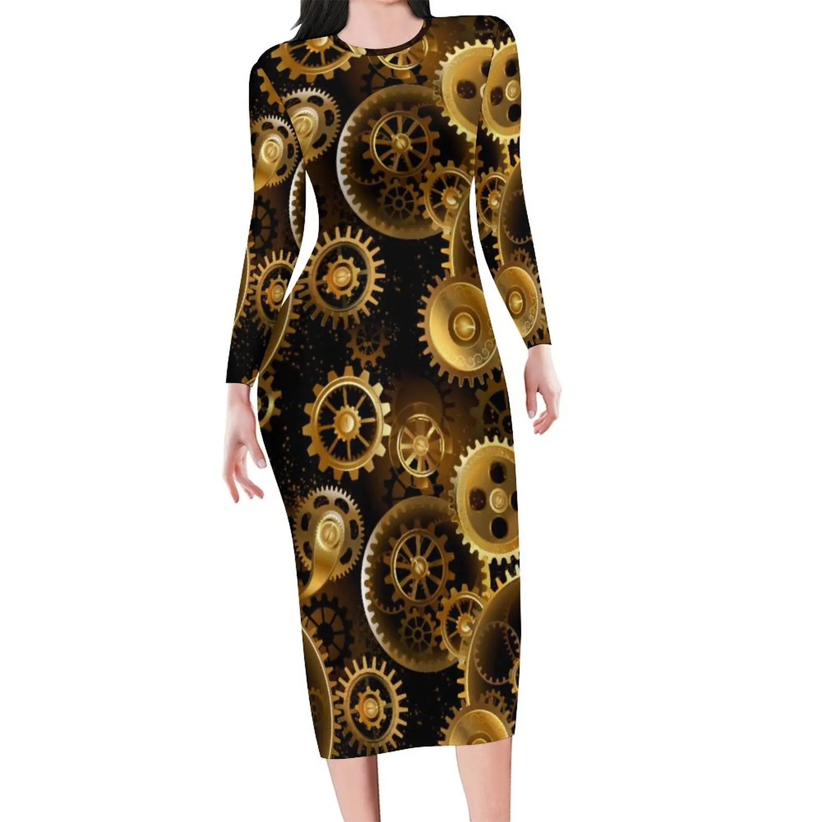 Retro Steampunk Bodycon Dress Ladies Brass Gears Print Trendy Dresses Autumn Long Sleeve Street Wear Pattern Dress 3XL 4XL 5XL