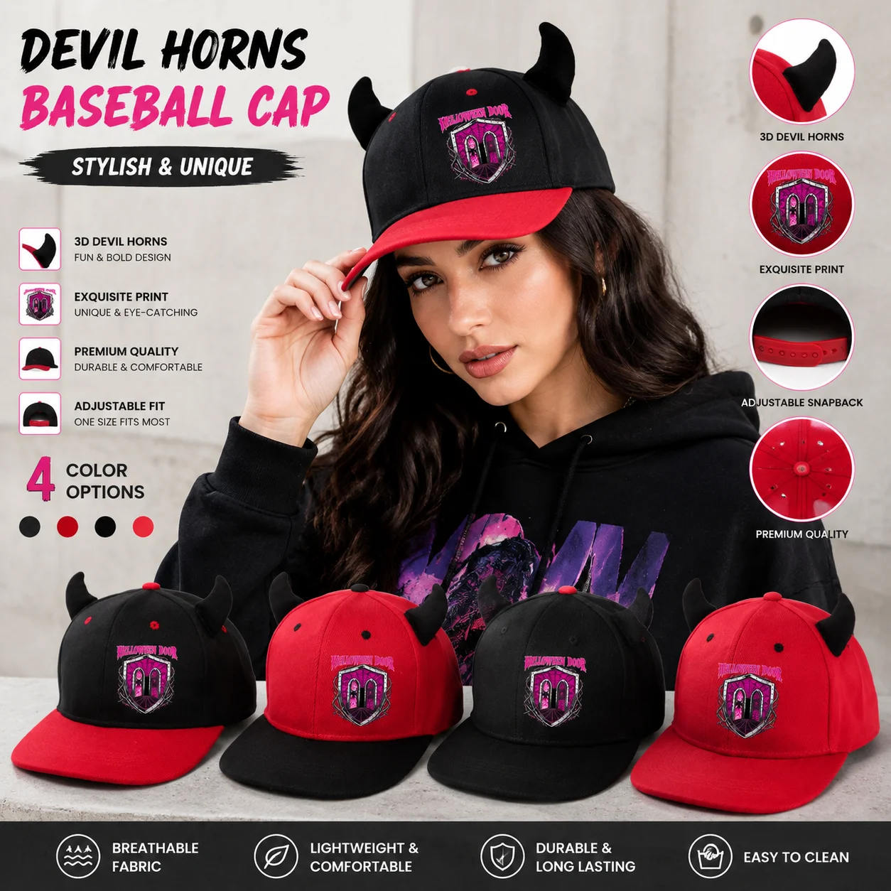 1 Halloween Devil's Corner Button Men's and Women's Hat, Red and Black Hip Hop Street Dress Adjustable Truck Hat