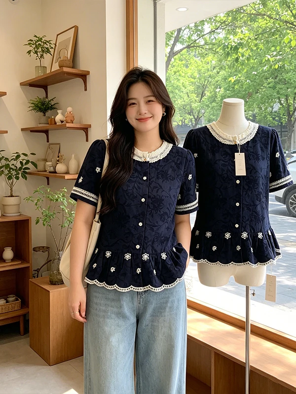 

plus Size Summer round Neck Lace Trim Embroidered Hollow out Breathable Versatile Shirt Top Women's Fashion Casual Open Cardigan