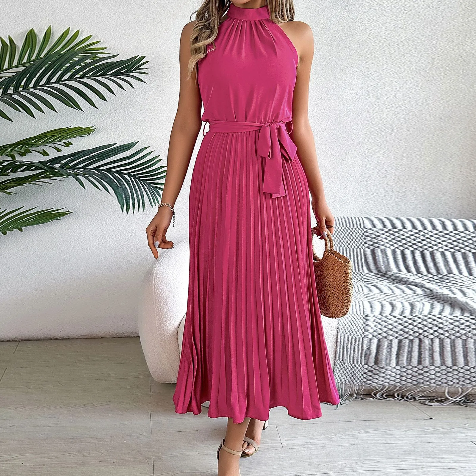 Women'S Versatile Daily Dress Women'S Fashion Retro Solid Color Dress Sleeveless Waist Pleated Skirt Stand Collar Pullover Dress