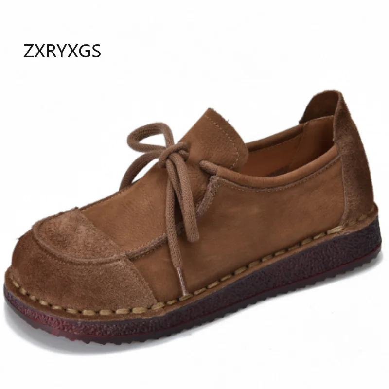 

ZXRYXGS Top Cowhide Splicing Retro Women Full Genuine Leather Sneakers Casual Shoes Flat Soft Sole Comfort Fashion Travel Shoes