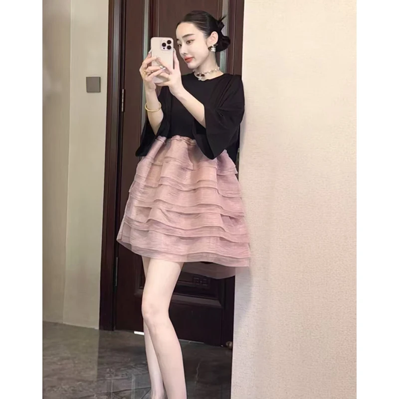 2025 Summer New Elegant Women Loose Mesh T-shirts Short Dresses Female Short Sleeve Dress Wholesale J2004