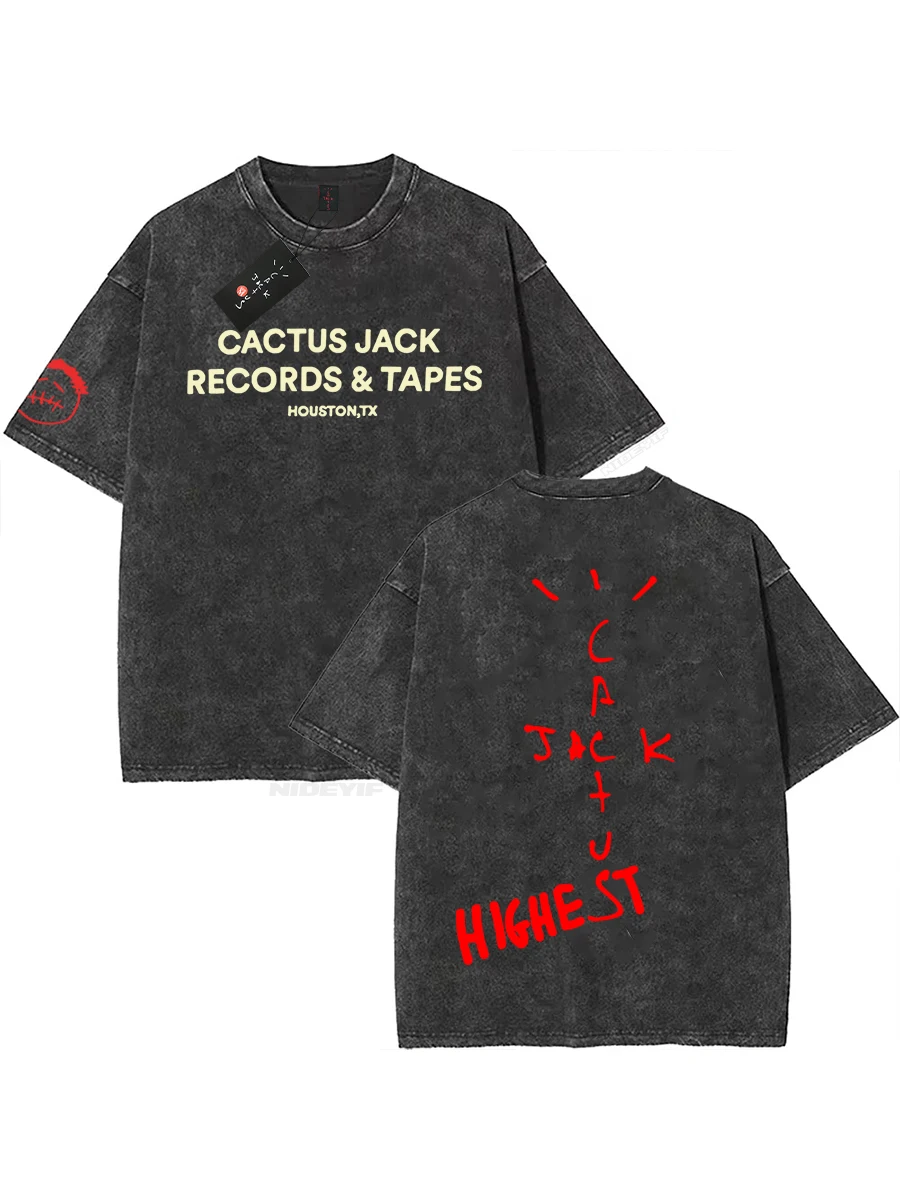 

Travis Scott Cactus Jack Washed T-Shirt - Streetwear Tee , Distressed Vintage Style, Hip-Hop Inspired Casual Wear for Fans