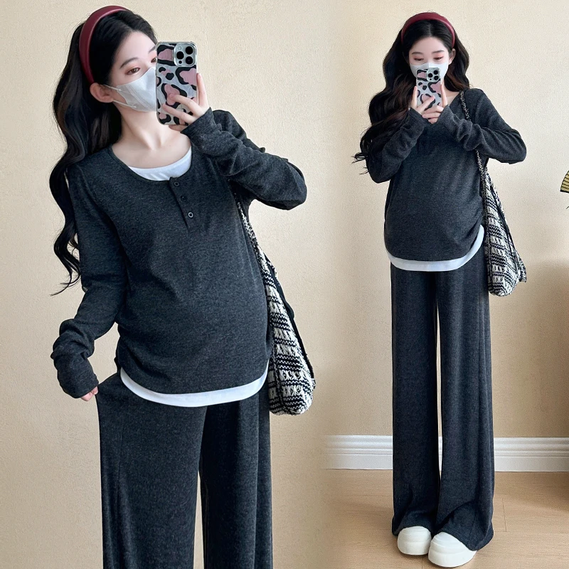 plus-size-maternity-spring-autumn-set-casual-wide-leg-pants-loose-two-piece-suit-for-women-over-200-pounds-trendy-cotton-blend