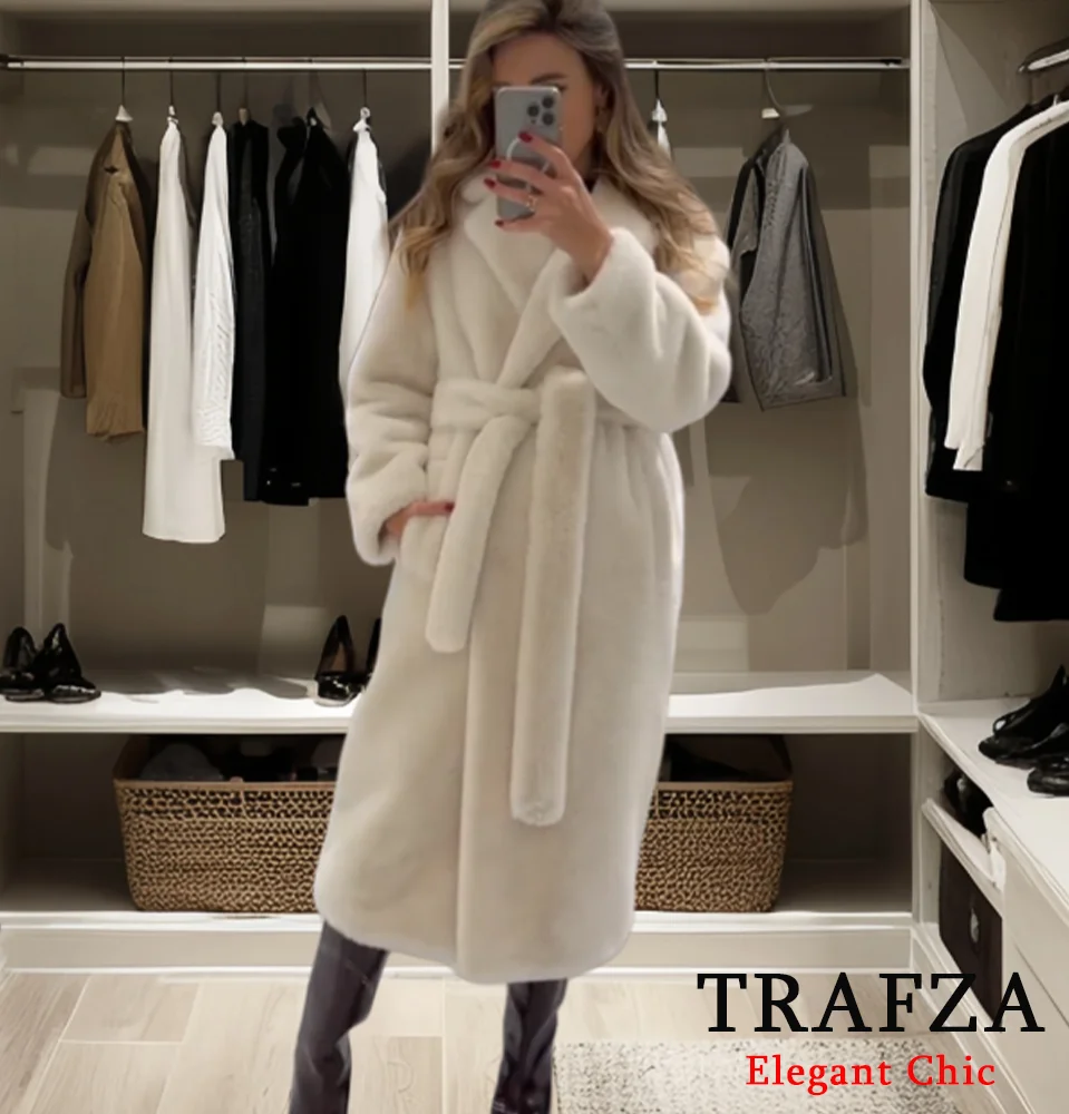 TRAFZA-Women Elegant Lace-up Long Coat Lapel Pockets Faux Fur Coat New 2024 Fall Winter Fashion Luxury High Street Long Coat