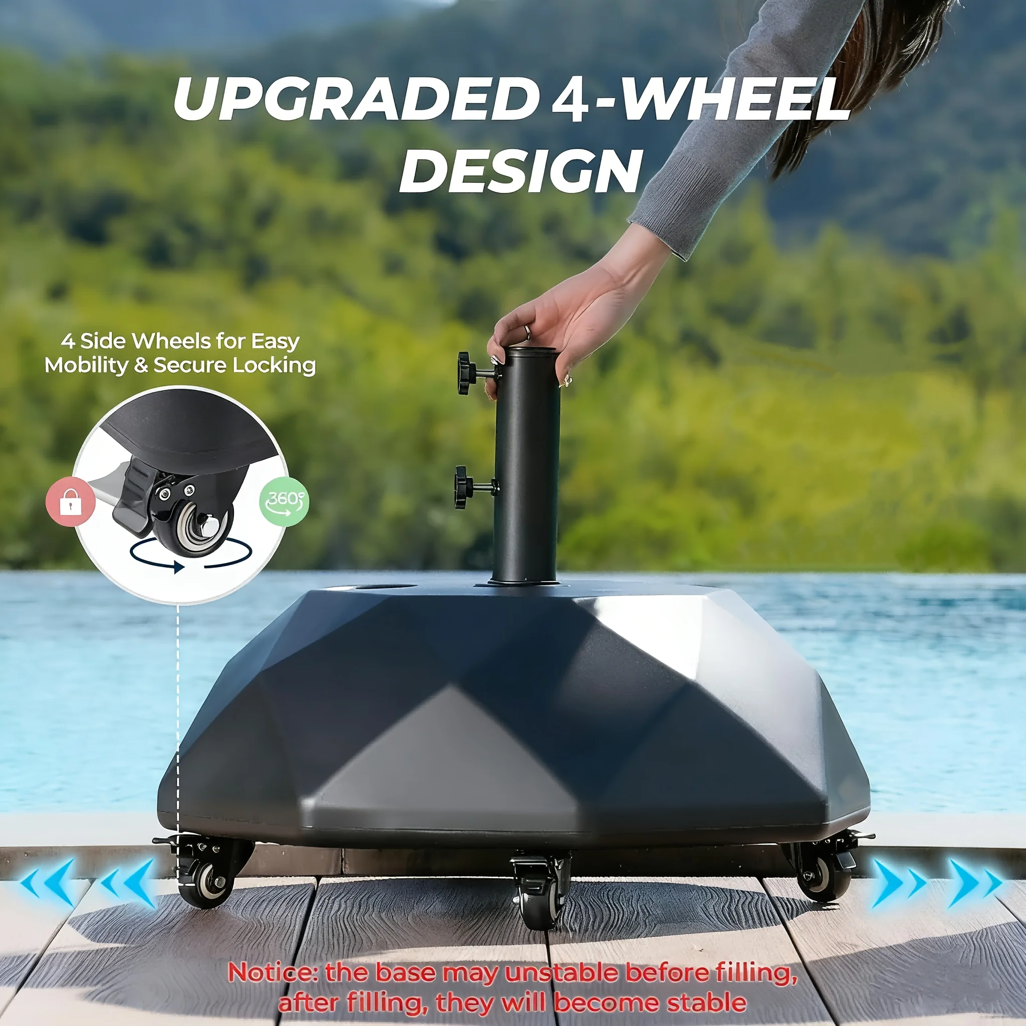 

95/225lbs Patio Umbrella Stand Base with Wheels, Heavy Duty Rolling Weights, Outdoor Market Umbrella Base with 4 Wheels, 2 Locks, Refillable High-Density HDPE Material Umbrella Weights, for Lawn, Garden, Deck, Poolside