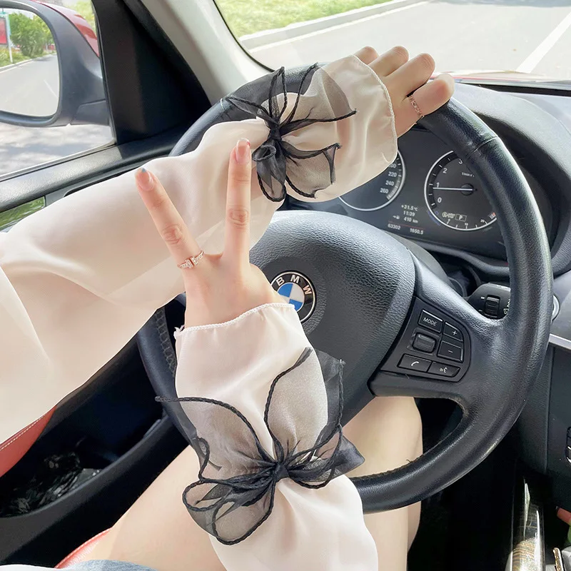 Bow Ice Silk Sun Protection Sleeves for Women Summer Shade Anti-UV Long Fingerless Gloves Loose Bell Sleeves Driving Arm Warmers