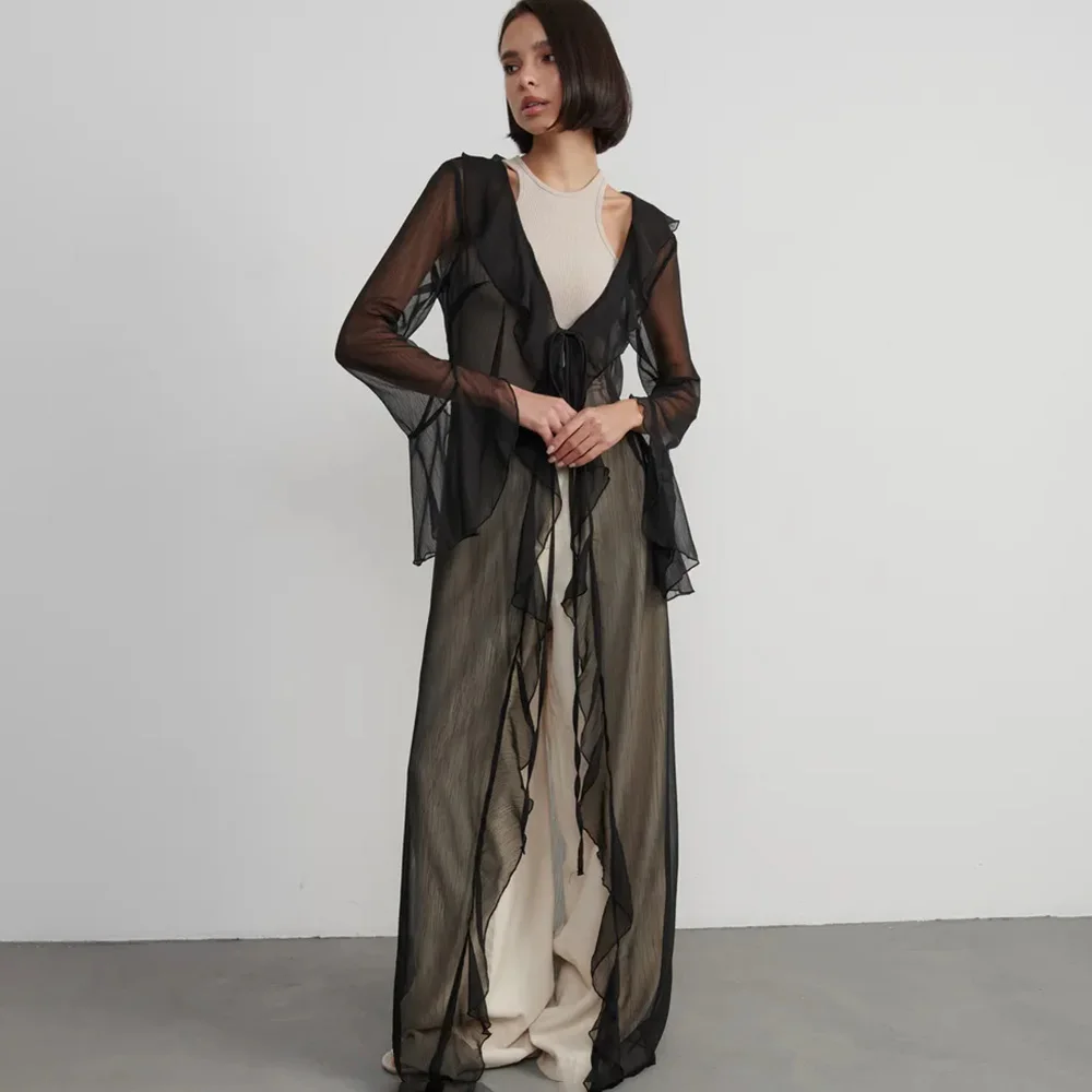 Talenza Ruffled Lace Up Maxi Dress Women\'s Solid Long Sleeve Lace Cardigan Beach Bikini Cover Up Dress Sexy Party Vacation Robe