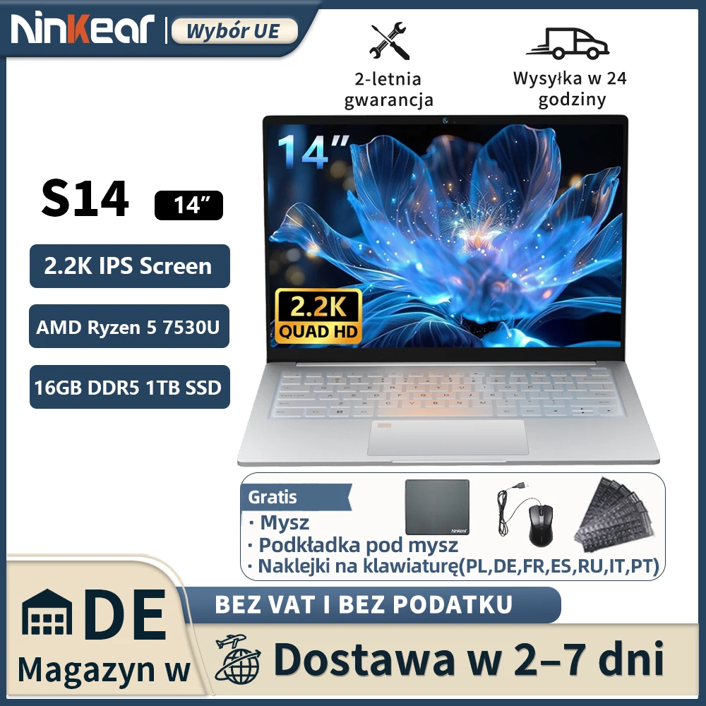 Tablet laptop Ninkear S14 AMD Ryzen ™   5 7530U 14-calowy laptop z 16 GB pamięci LPDDR5, 1 TB SSD, Wi-Fi 6 i obsługą rozpoznawania linii papilarnych