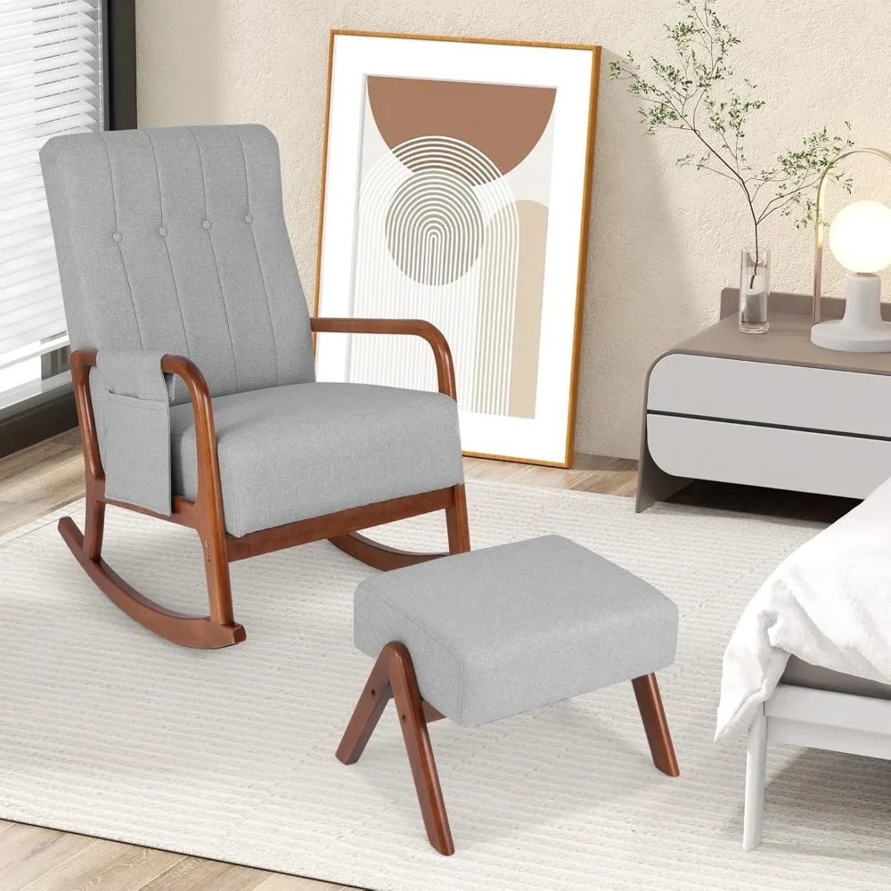 كرسي هزاز منجد ومجموعة عثمانية بإطار من الخشب المطاطي الصلب، كرسي حضانة من الكتان مع جيب جانبي ومسند للقدمين