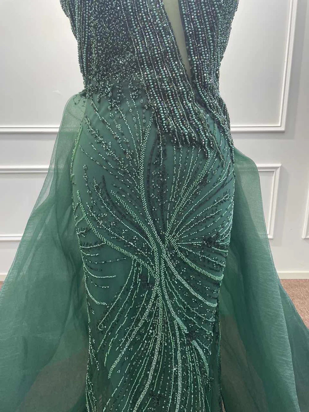 Vestidos de noche con cuentas de perlas y lentejuelas en verde oscuro, un hombro, tul, sirena, lujo, árabe, Formal, fiesta de graduación